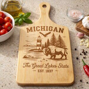 Custom Laser Engraved Bamboo Cutting Board - 11 X 5 Inch - Michigan Images
